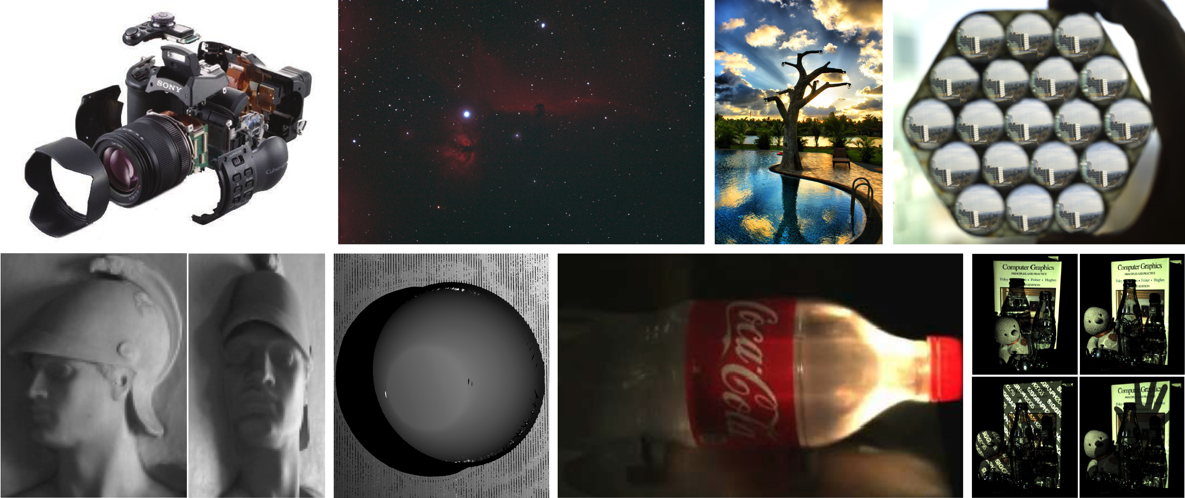 Grid of example results from the computational photography techniques covered in the course